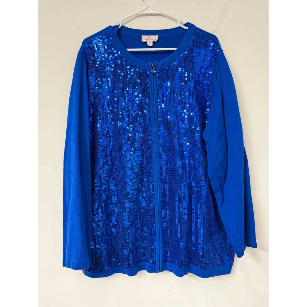 Quacker Factory Royal Blue Sequin Zip Front Cardigan Sweater Womens 2X Plus Size